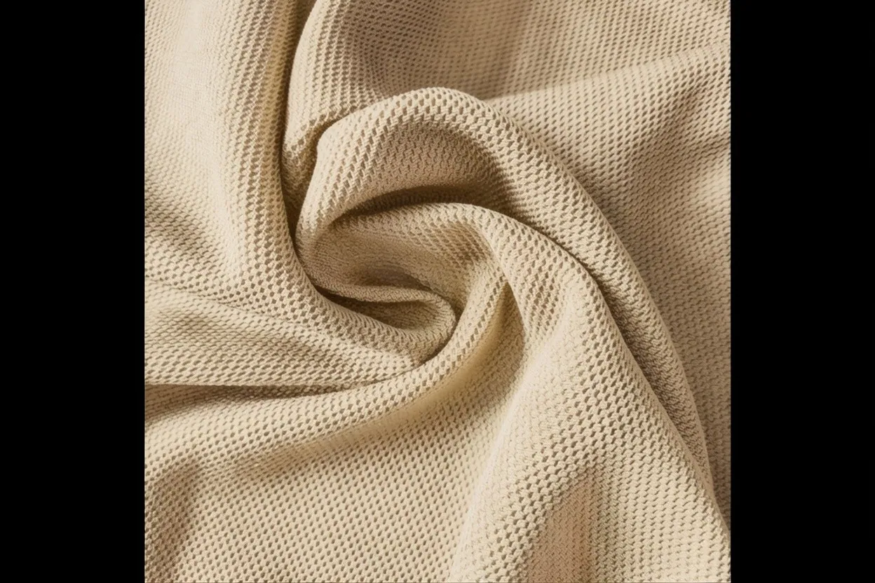 Single piqué knit fabric in champagne cotton with honeycomb texture, manufactured at Apex Corporation knitwear factory in Karachi Pakistan